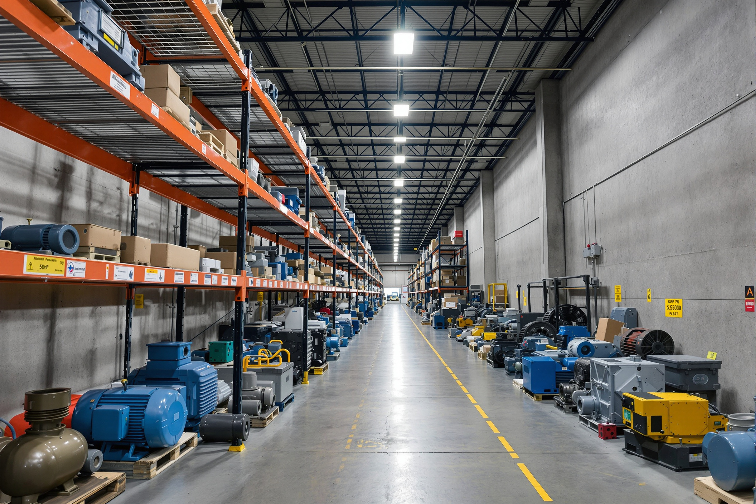 Warehouse facility stocked with electric motors, gear reducers, and power transmission equipment organized on industrial shelving#1.5
