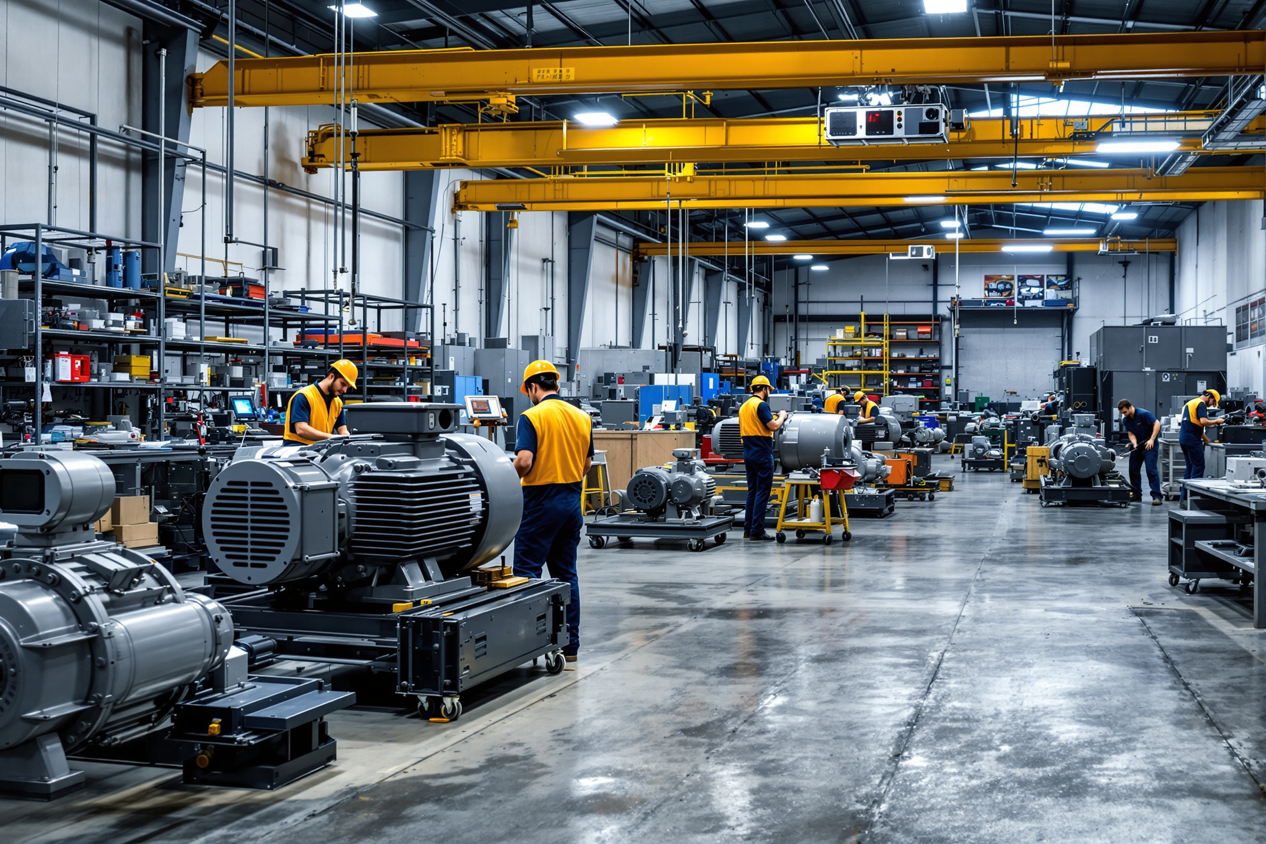 Motor repair shop with technicians servicing large industrial motors and gear reducers using professional diagnostic equipment#1.5