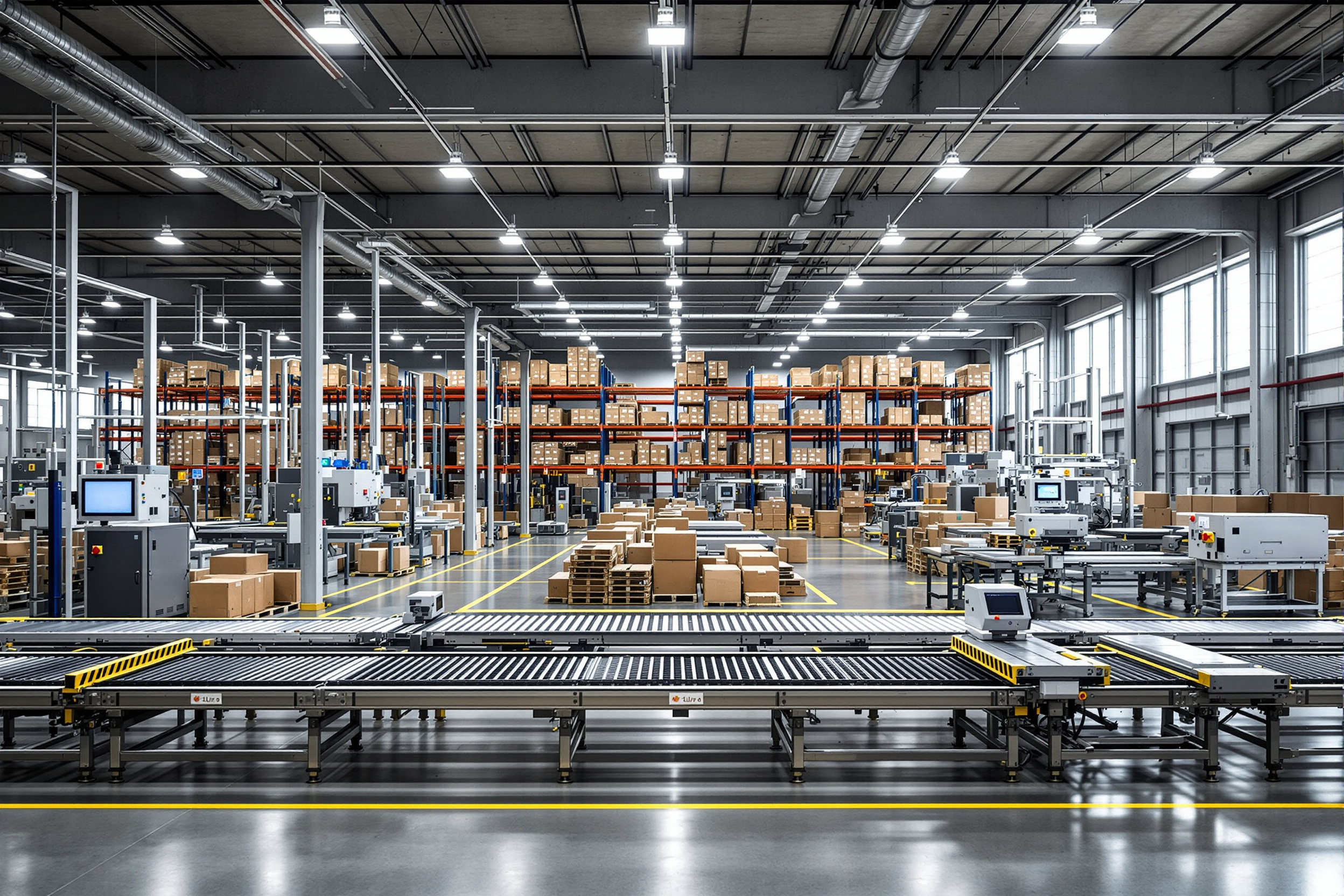 Material handling warehouse with automated conveyor belts and sorting equipment#1.6