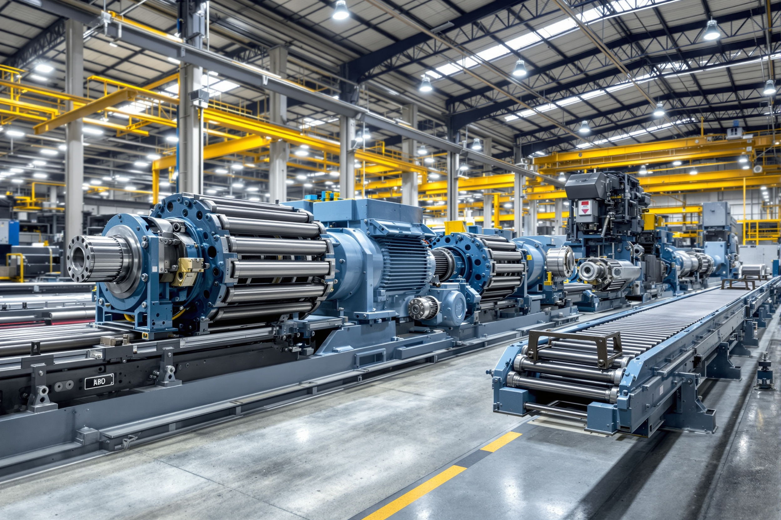 Industrial power transmission equipment in manufacturing facility showing conveyor belts and gear systems#1.6