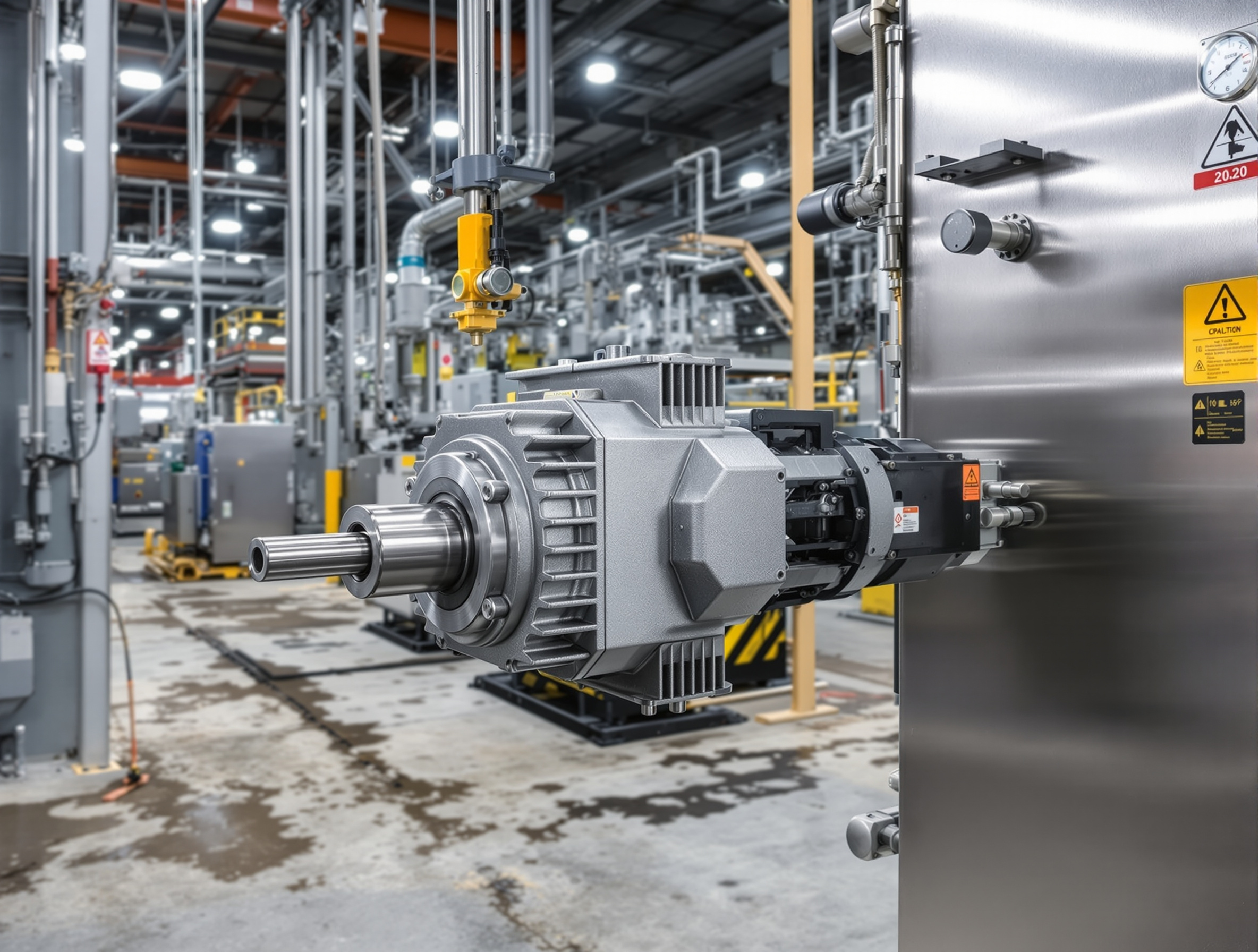 Right angle gear reducer mounted on industrial machinery in manufacturing plant#1.2