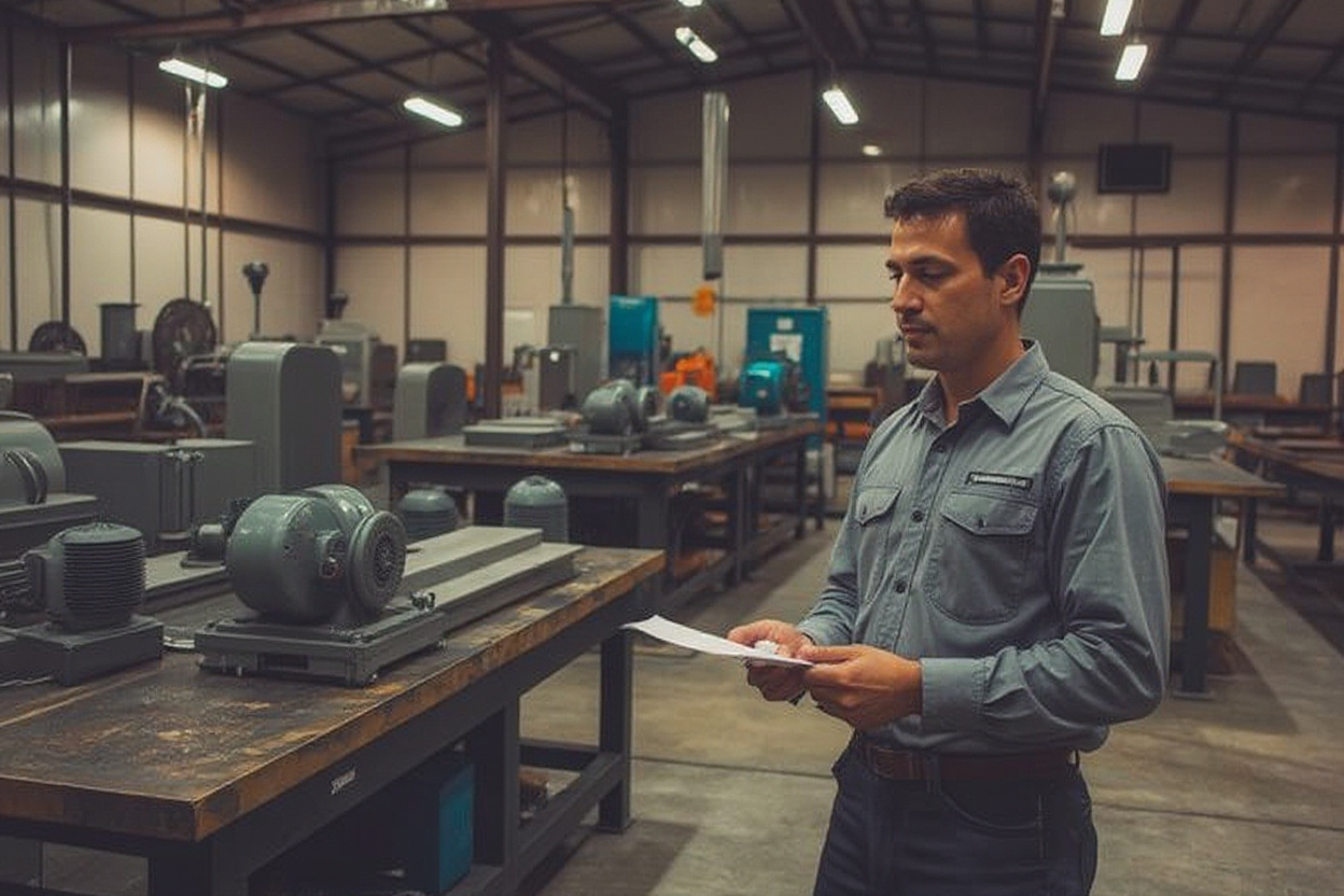 Expert technician providing immediate technical consultation on motor and gear reducer applications with industrial equipment in background#1.5