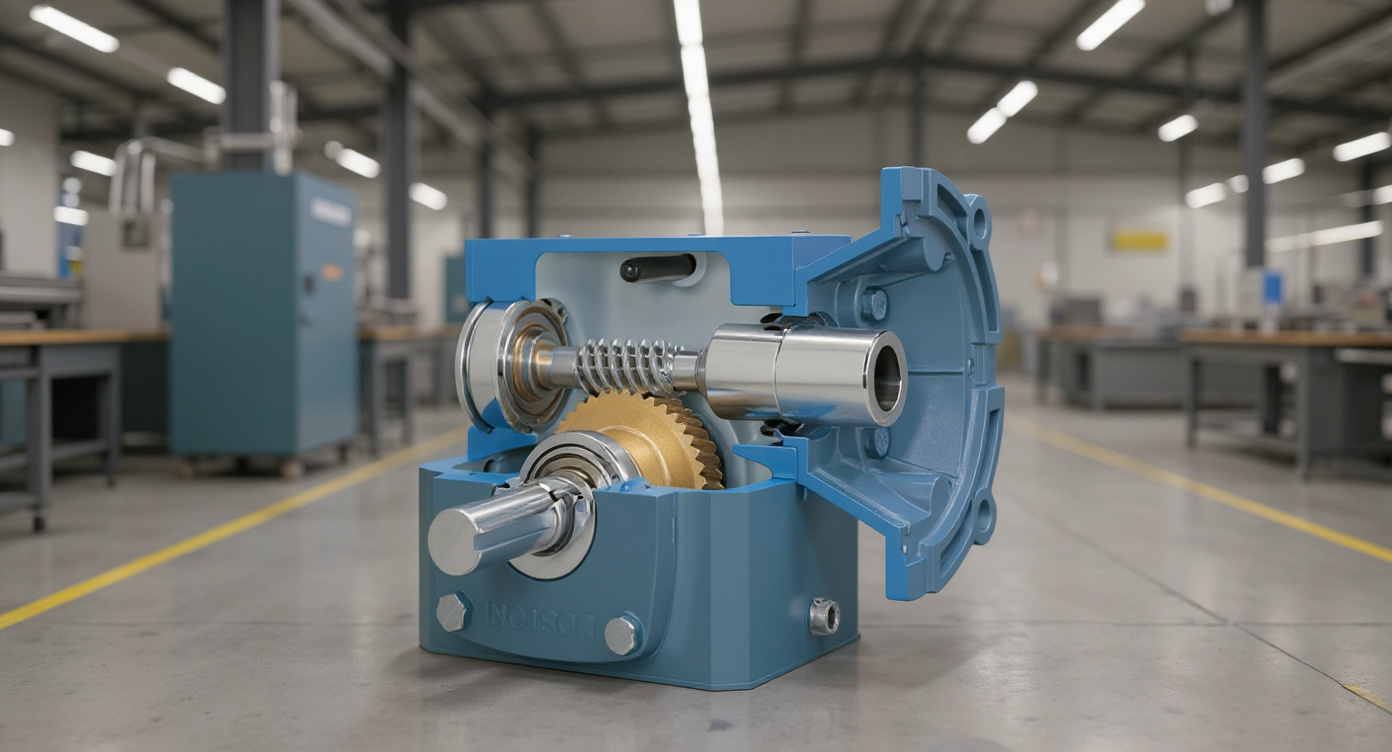 Industrial power transmission gear reducer in manufacturing facility with right angle configuration#1.9