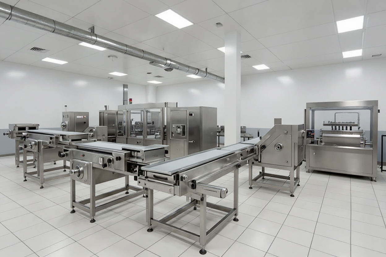 Food processing plant with conveyor systems and packaging equipment requiring precise gear reduction for product handling#1.5