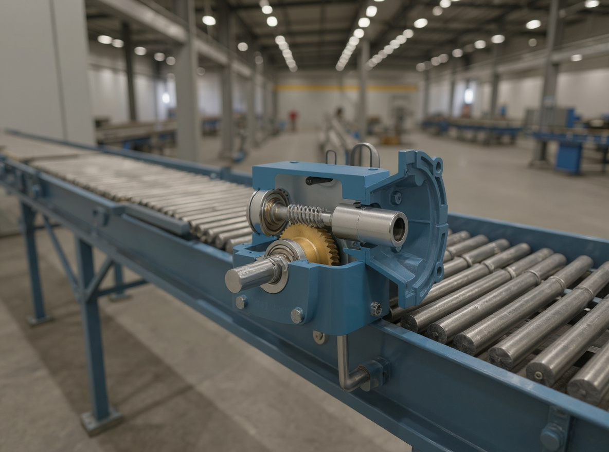 Right angle gear reducer mounted on industrial conveyor system with drive motor connection#1.3