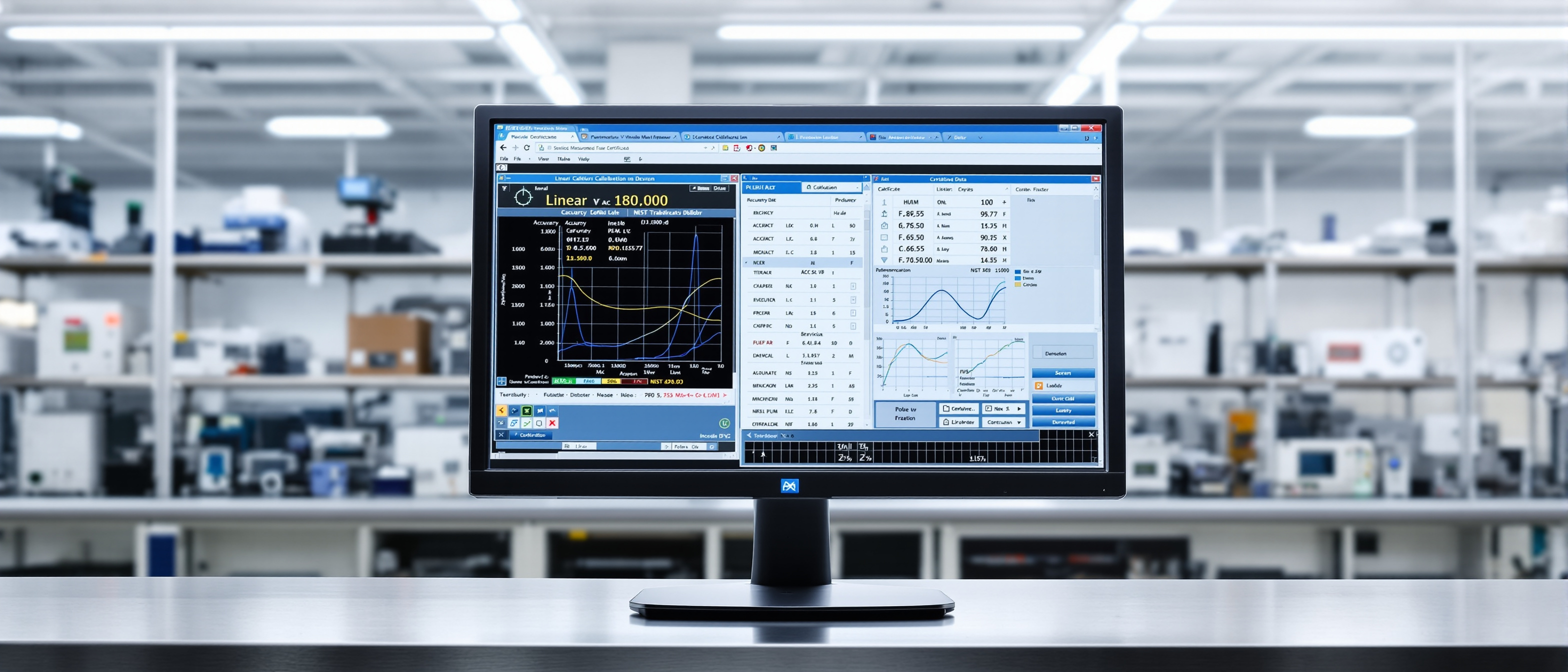 Linear calibration measurement results display showing accuracy data and NIST traceability documentation