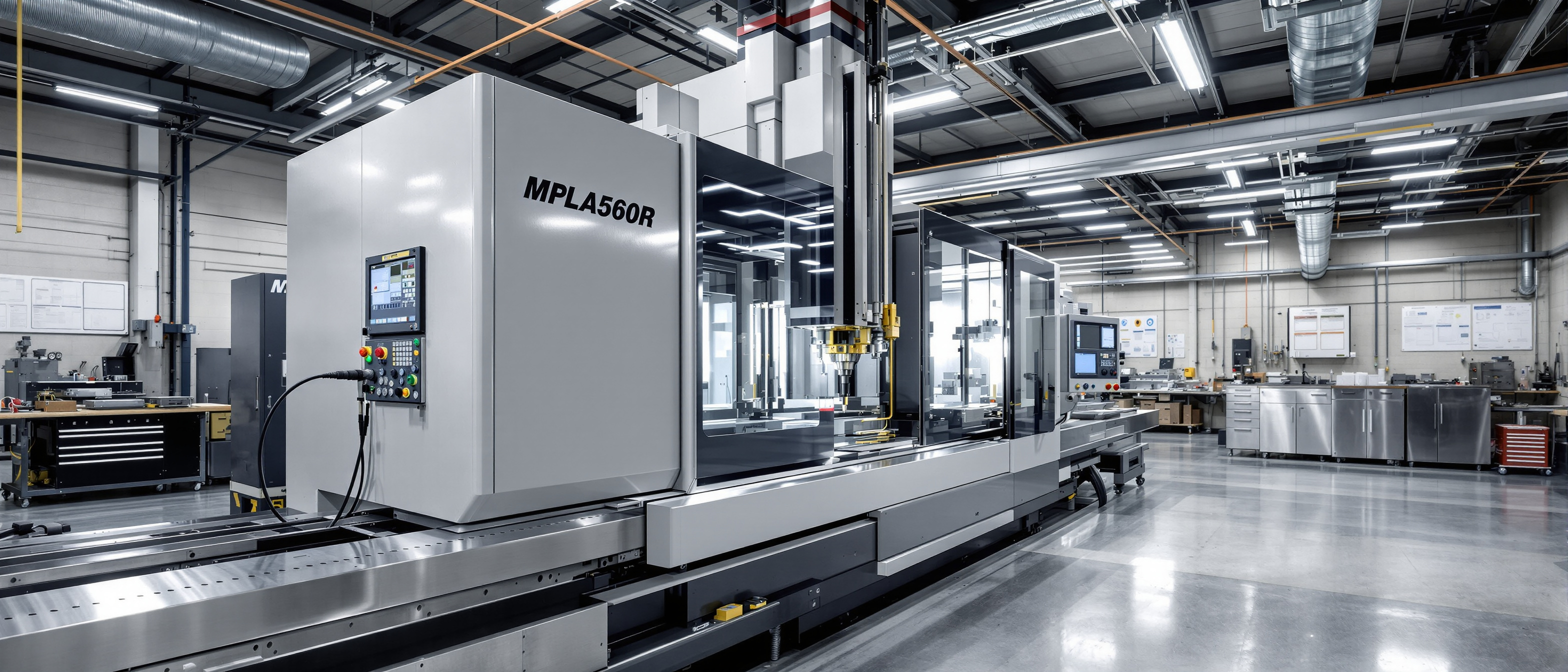 CNC machine tool axis being calibrated with laser interferometer system for precision manufacturing applications
