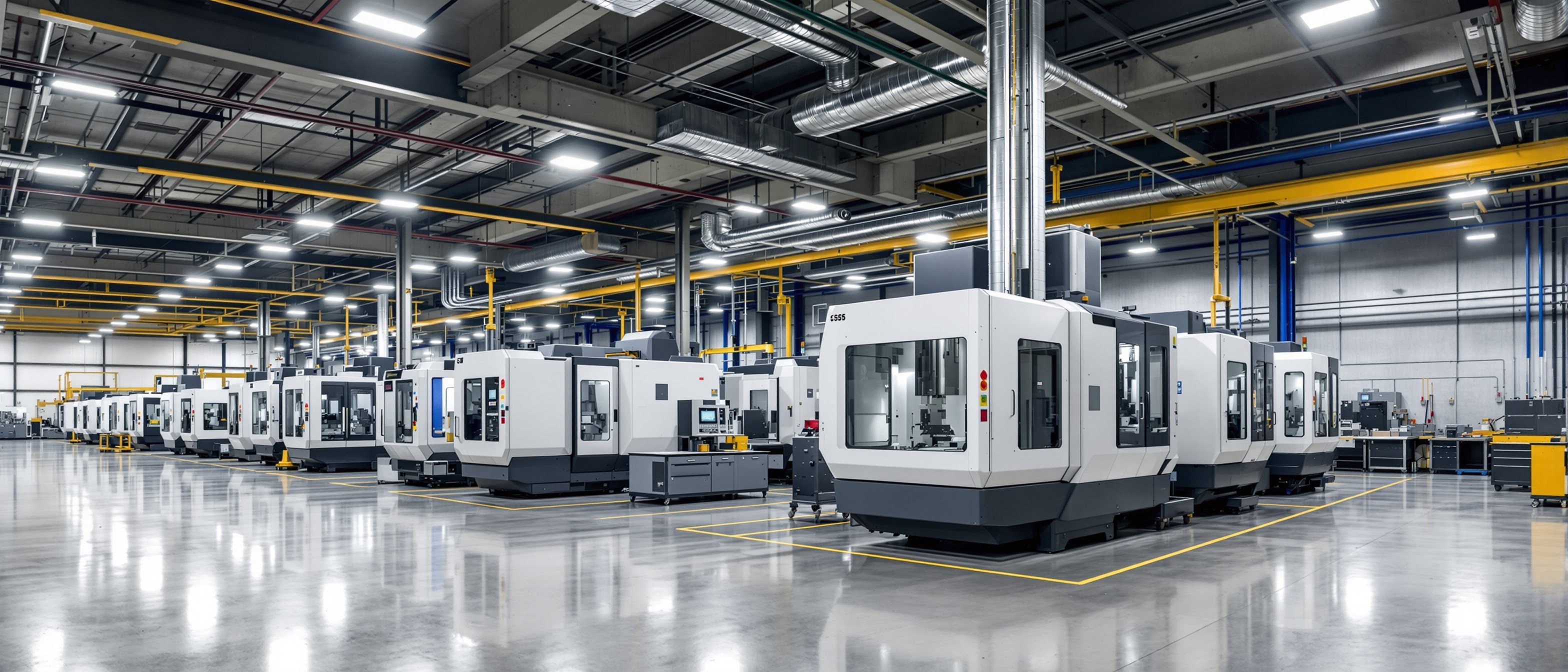 Manufacturing facility showing multiple CNC machines ready for linear calibration service and accuracy verification
