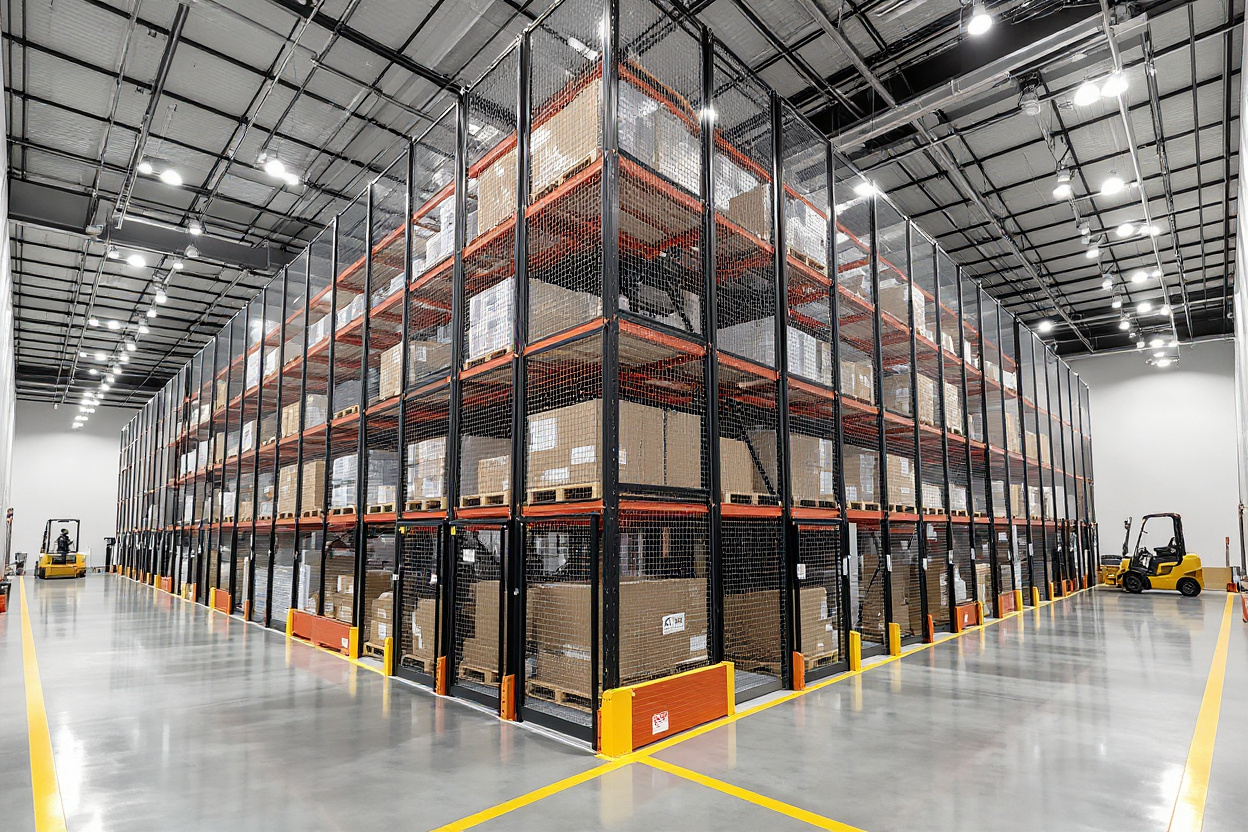 Retail distribution center with pallet rack enclosures securing expensive merchandise and supplies#1.6