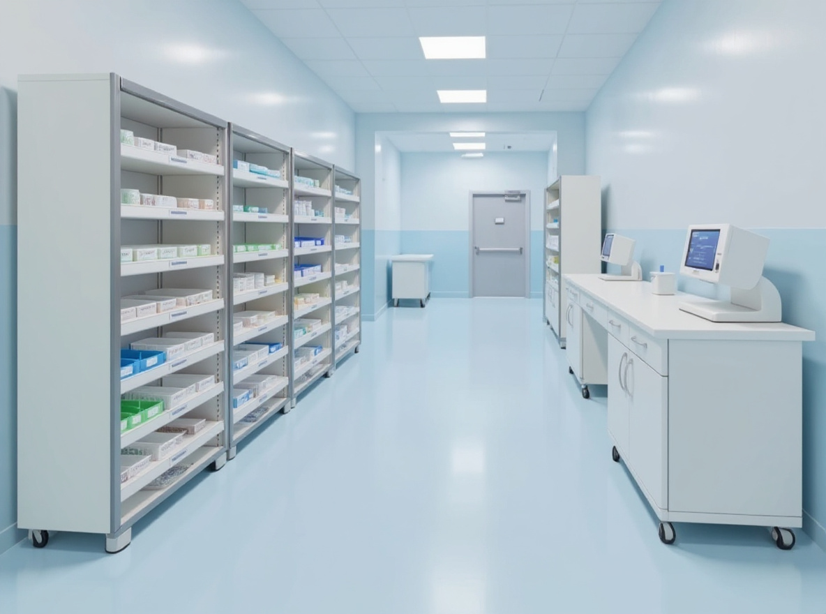 Medical facility storage area with quantum bins for healthcare supplies#1.2