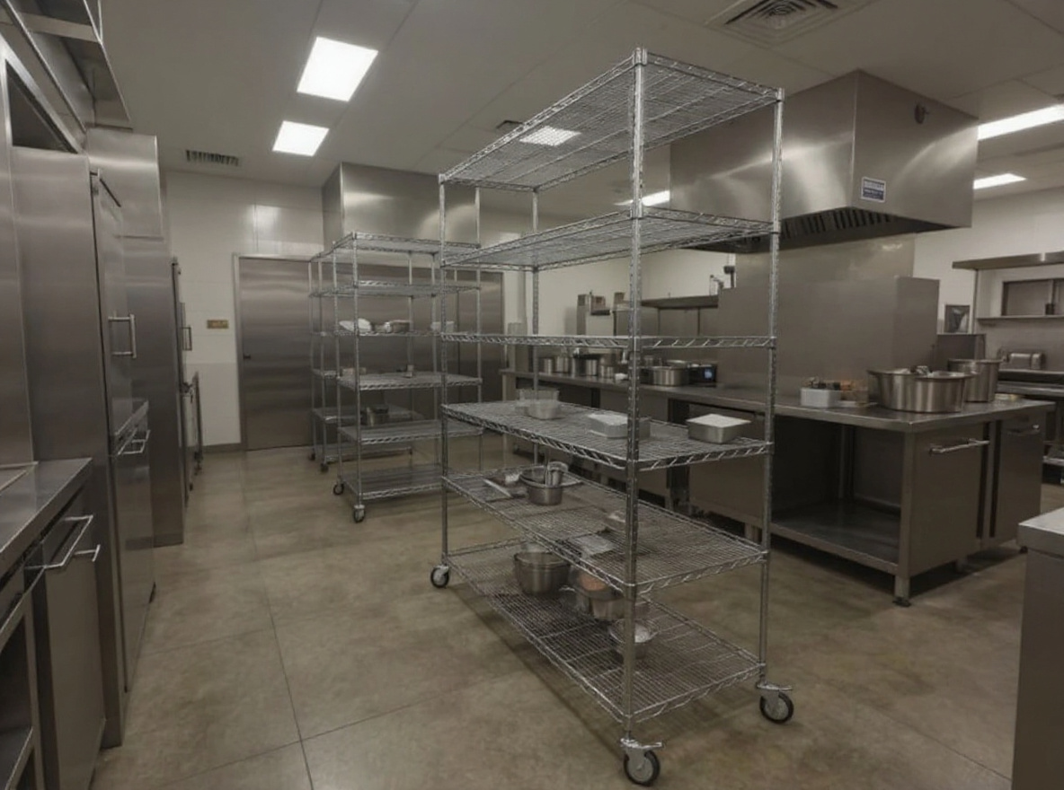 Commercial kitchen food service area with corrosion resistant shelving systems for restaurant and food processing operations#1.3