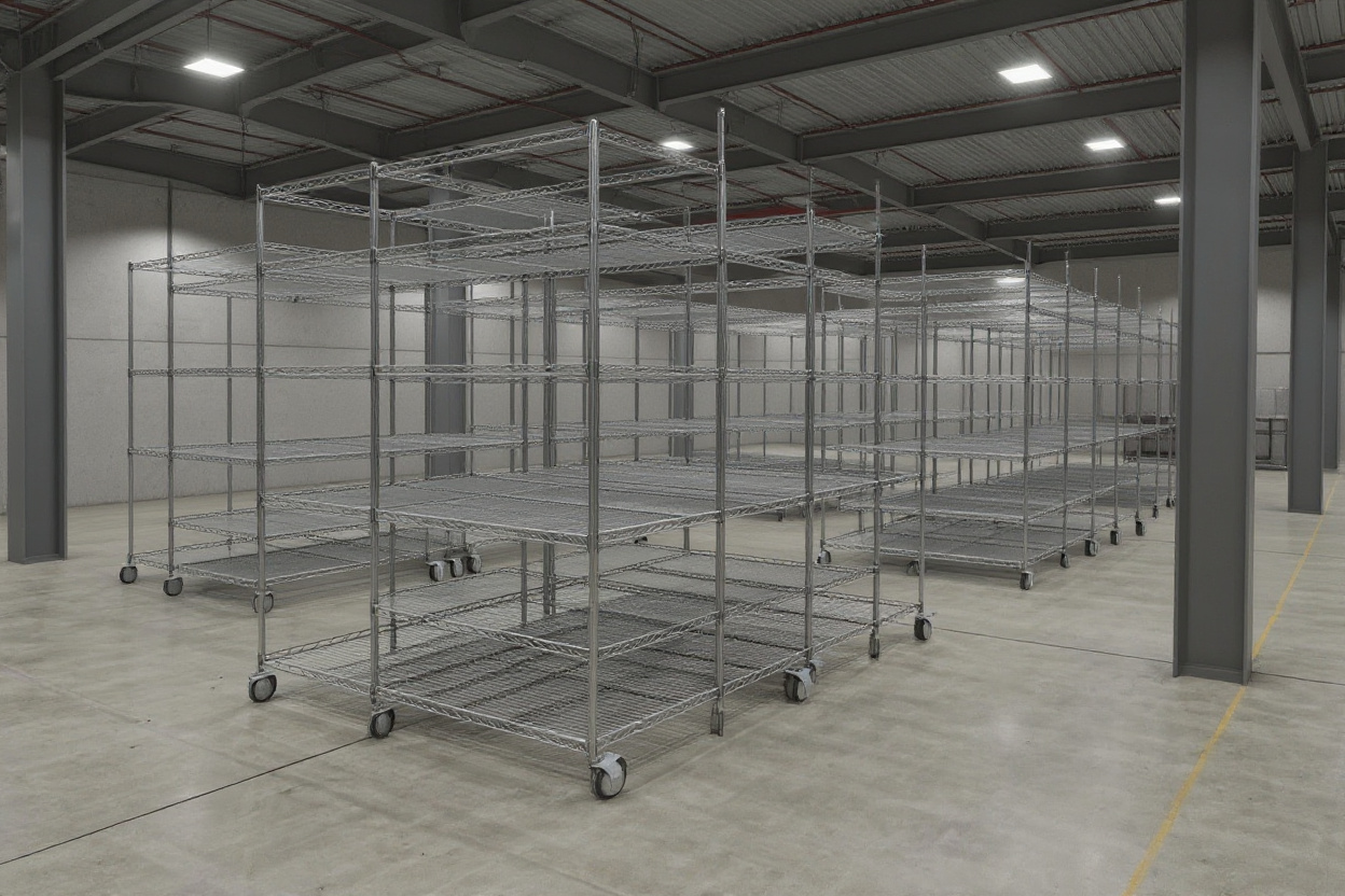 Industrial warehouse with epoxy wire shelving systems for material handling operations#1.5