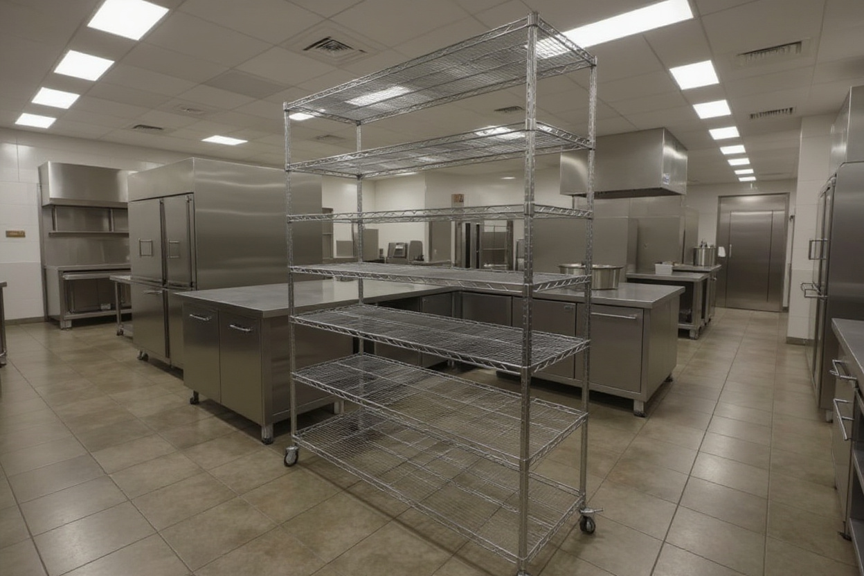 Commercial kitchen with NSF certified epoxy wire shelving for food service operations#1.5