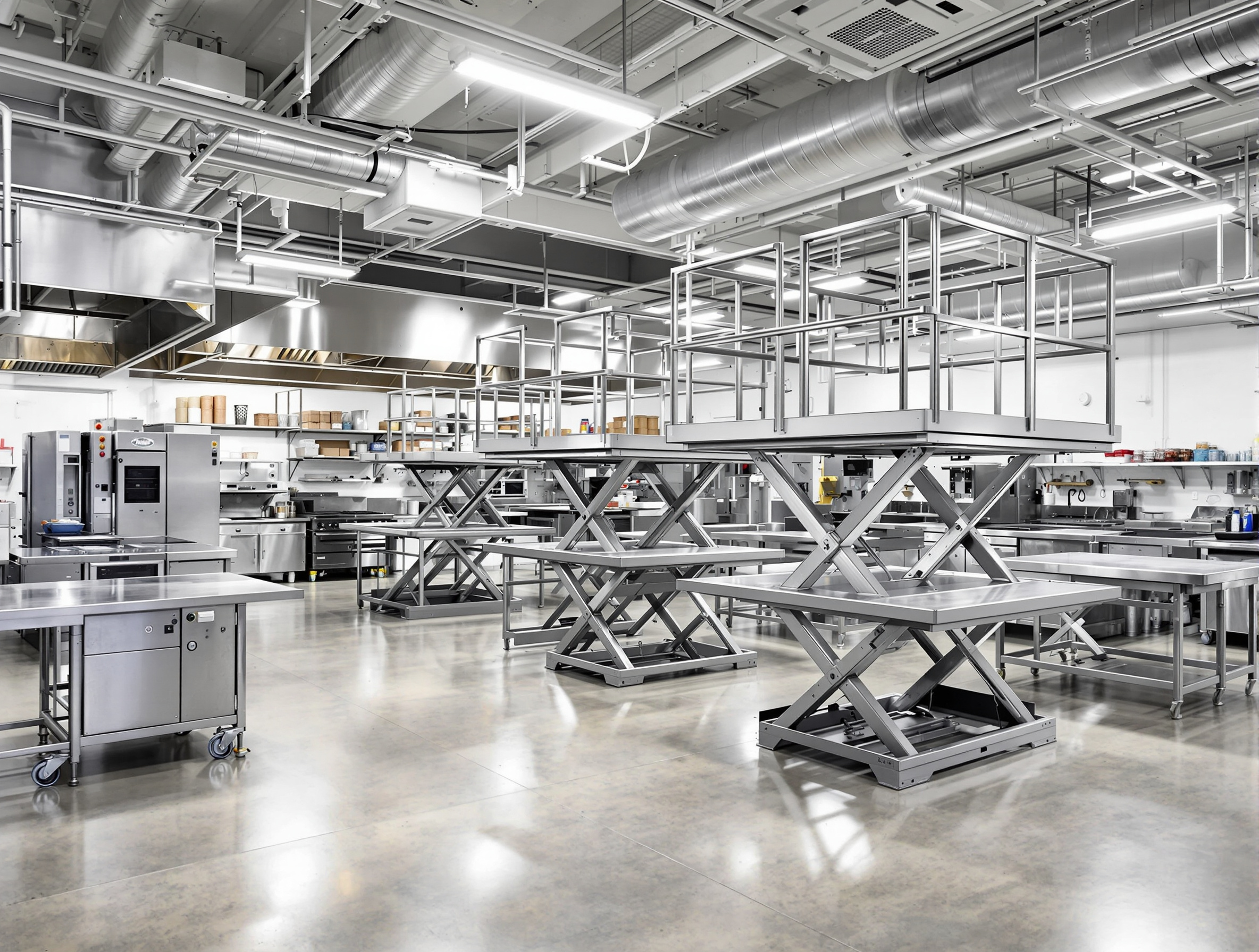 Food service facility with hydraulic lifts for kitchen equipment and supply handling#1.2