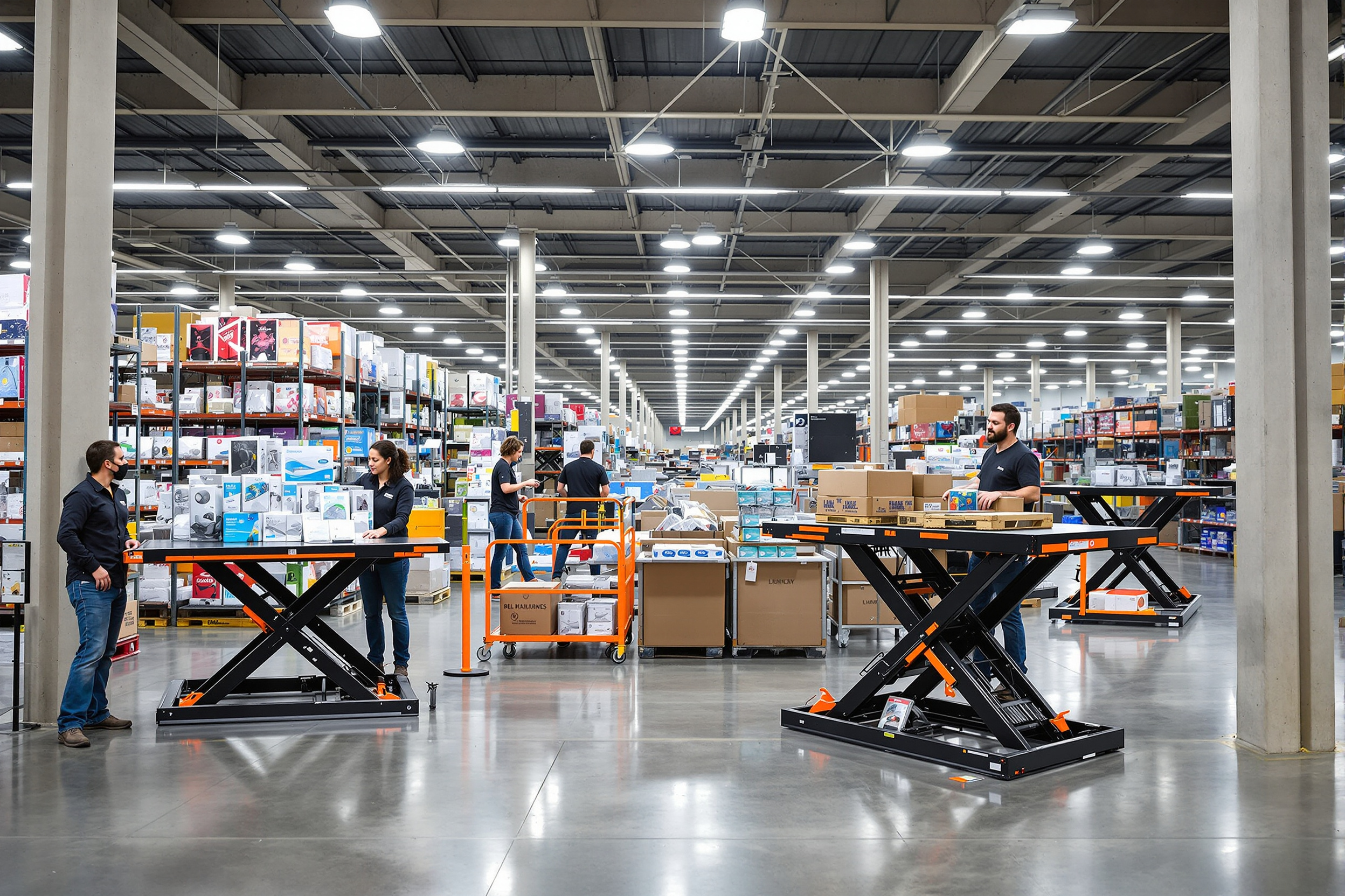 Retail environment using portable scissor lift tables for merchandise handling and display setup#1.5