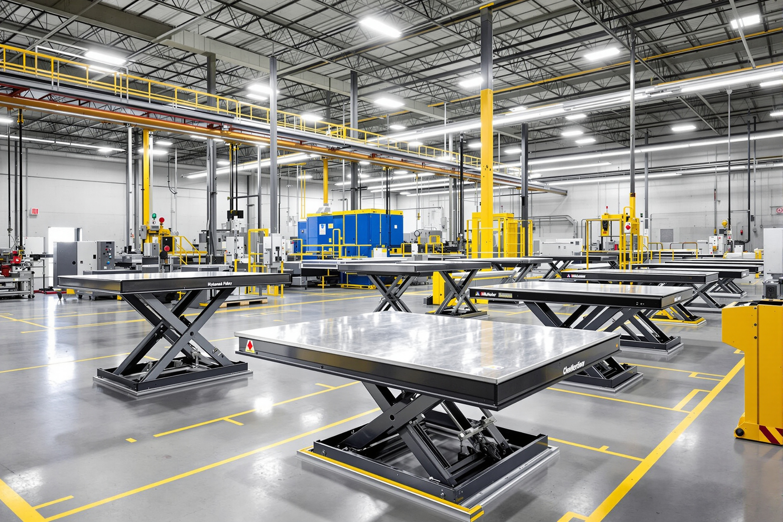 Industrial manufacturing facility with hydraulic lift tables for material handling operations#1.6