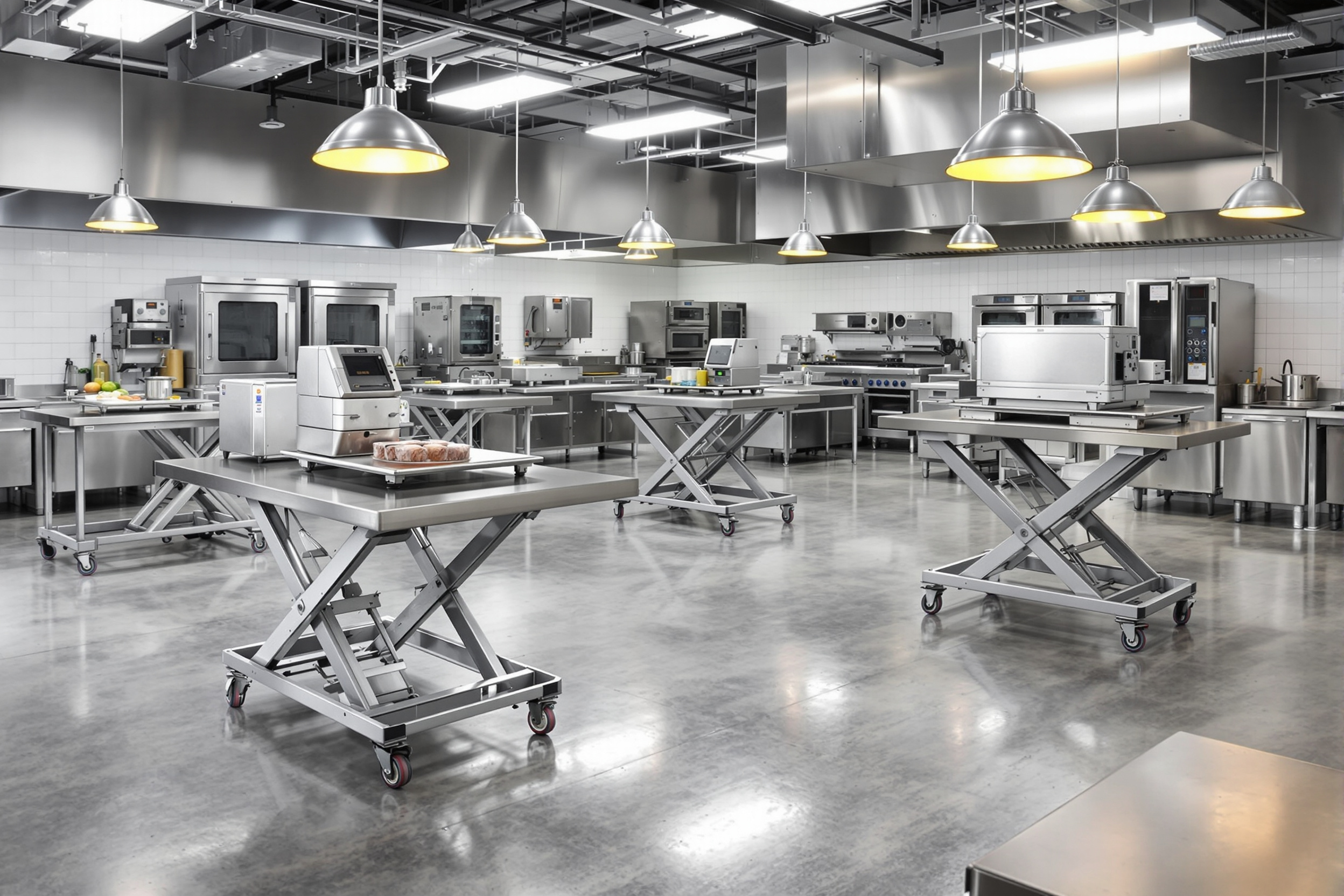 Food service facility using hydraulic lift tables for commercial kitchen equipment and food processing#1.6