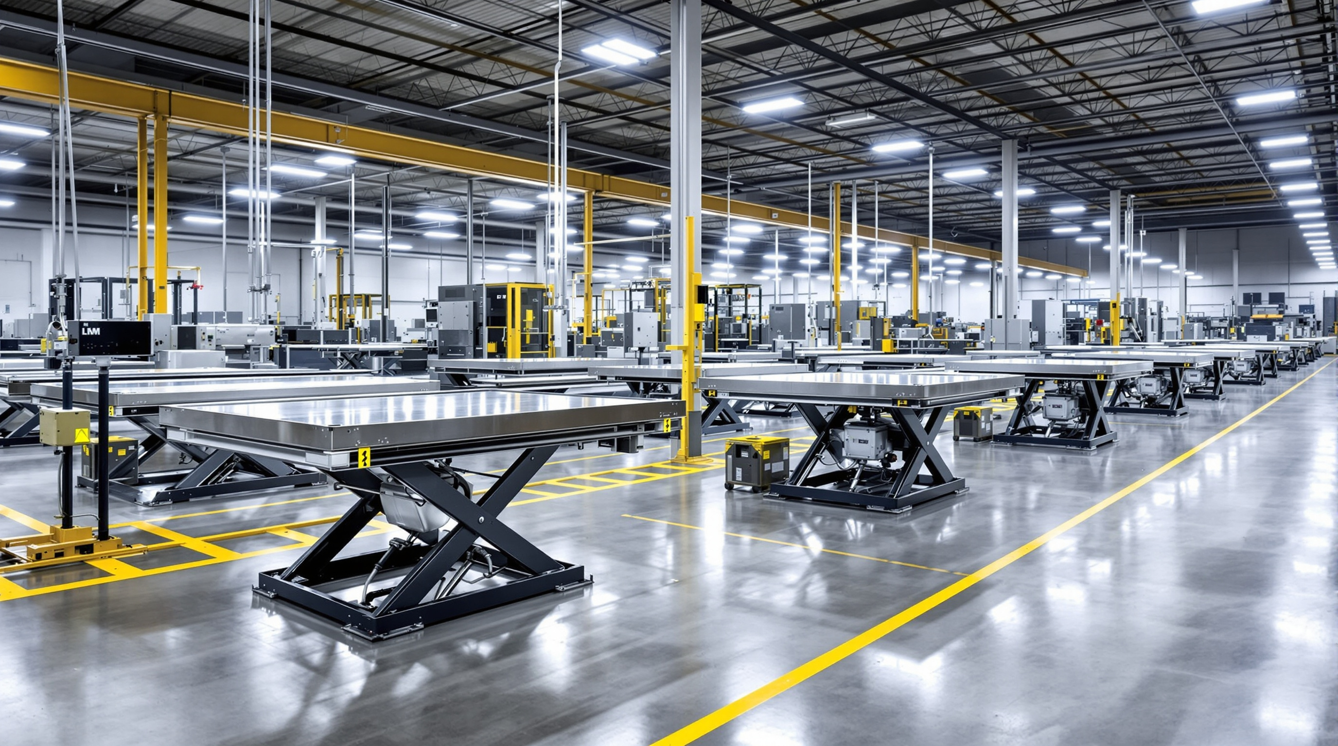 Manufacturing plant floor with pneumatic lift tables for assembly line operations#1.9