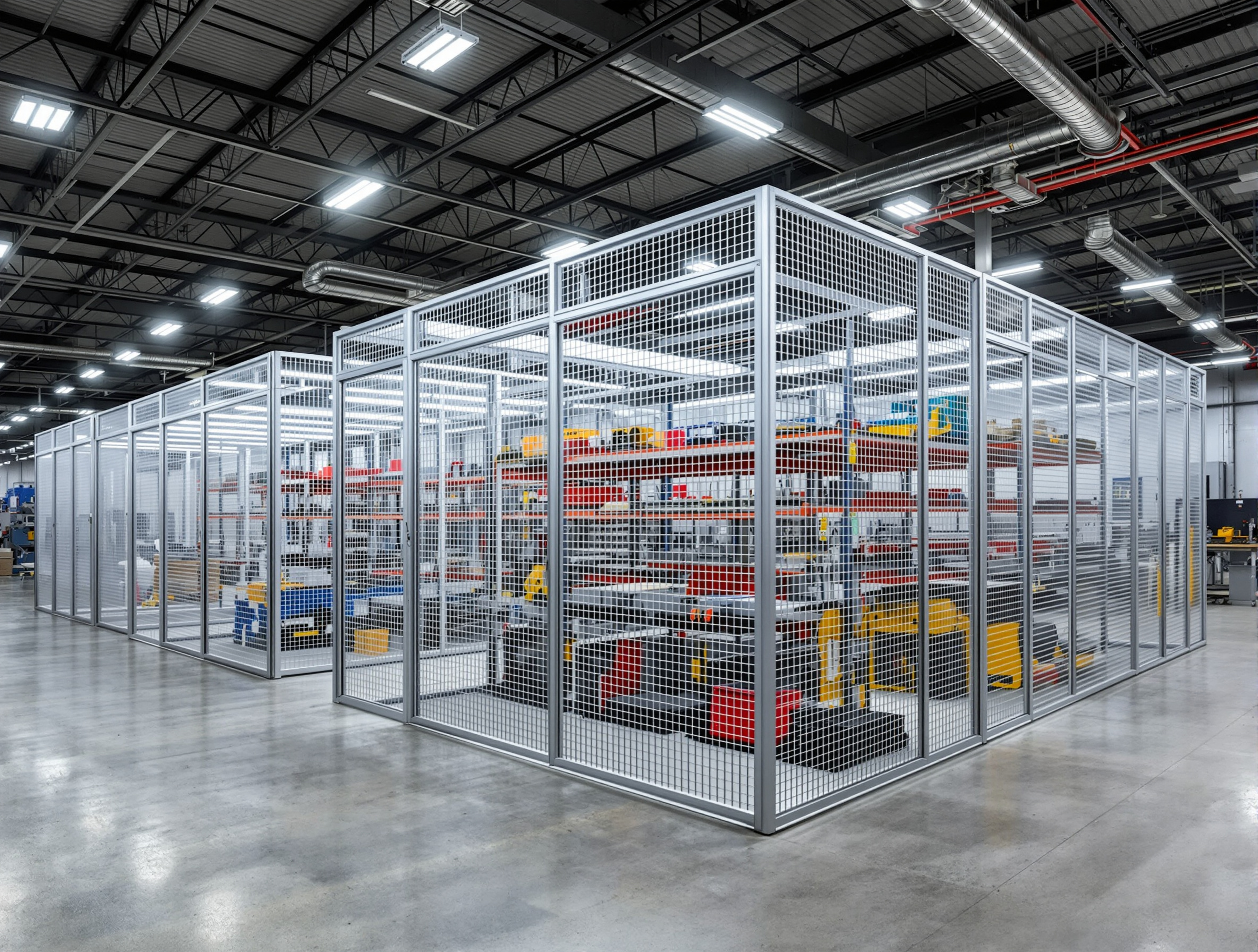 Manufacturing facility with mesh cage enclosures for tool storage and equipment security#1.2