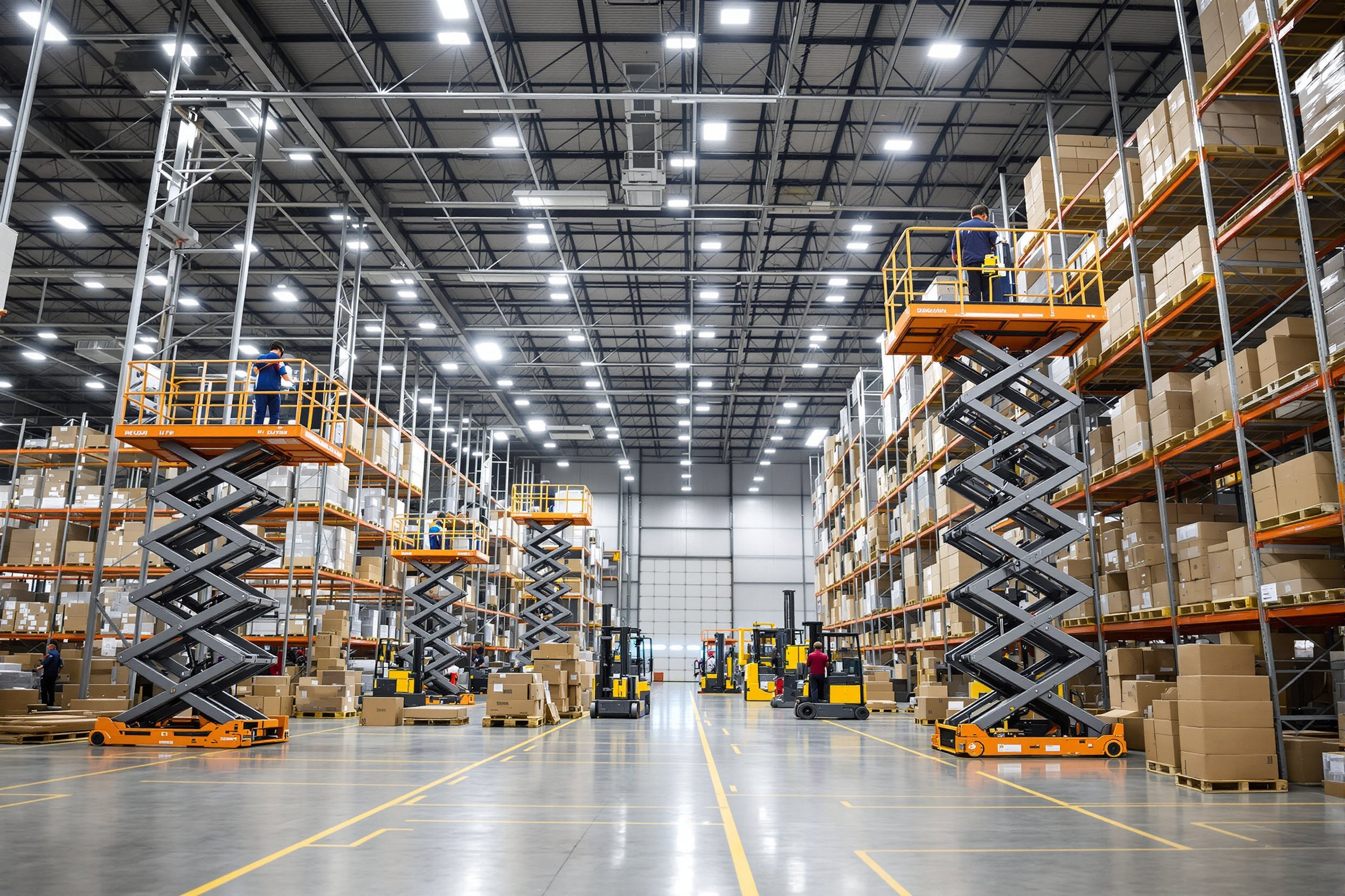Distribution center using scissor lifts for order fulfillment and package handling#1.4