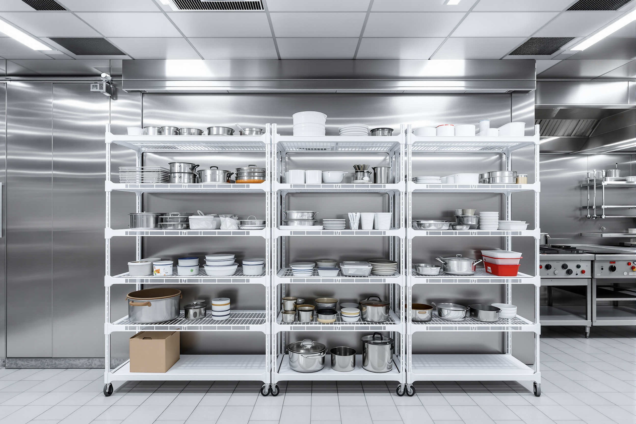 Food service kitchen storage with easy clean plastic shelving units#1.5
