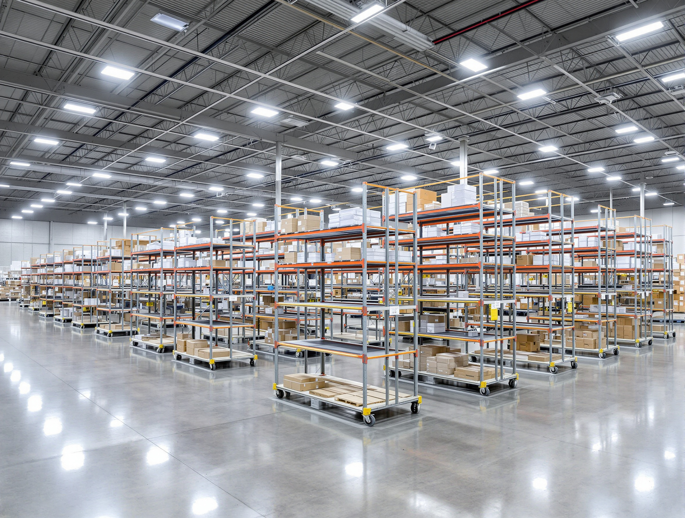 Distribution center with shelf bins on dollies improving order fulfillment and inventory control#1.3