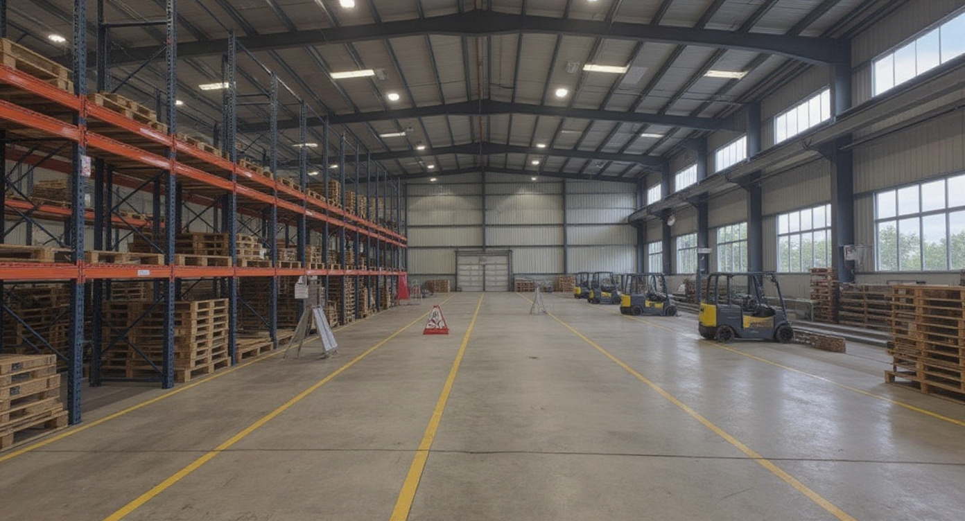 Manufacturing facility with heavy duty pallet racks supporting industrial equipment and raw materials storage#1.9