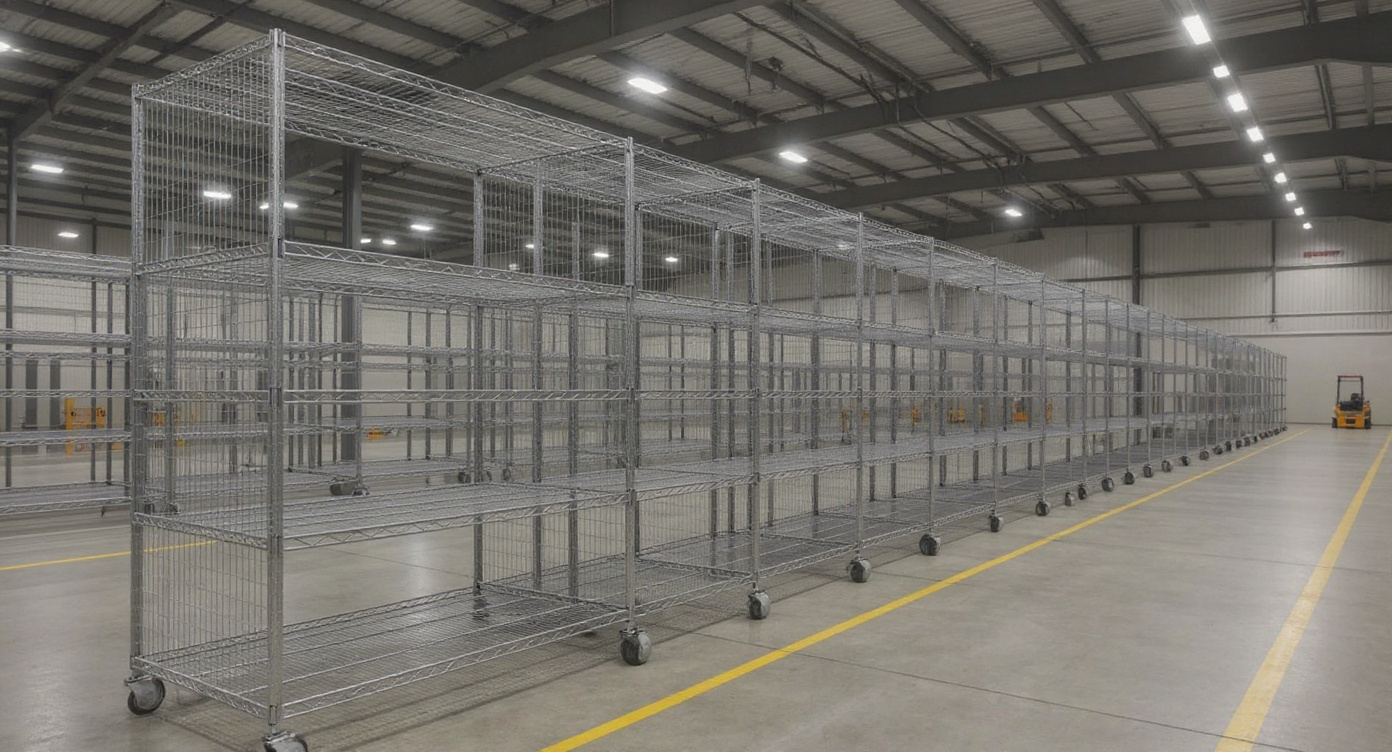 Industrial warehouse with wire rack storage systems for pallet and material handling operations#1.9