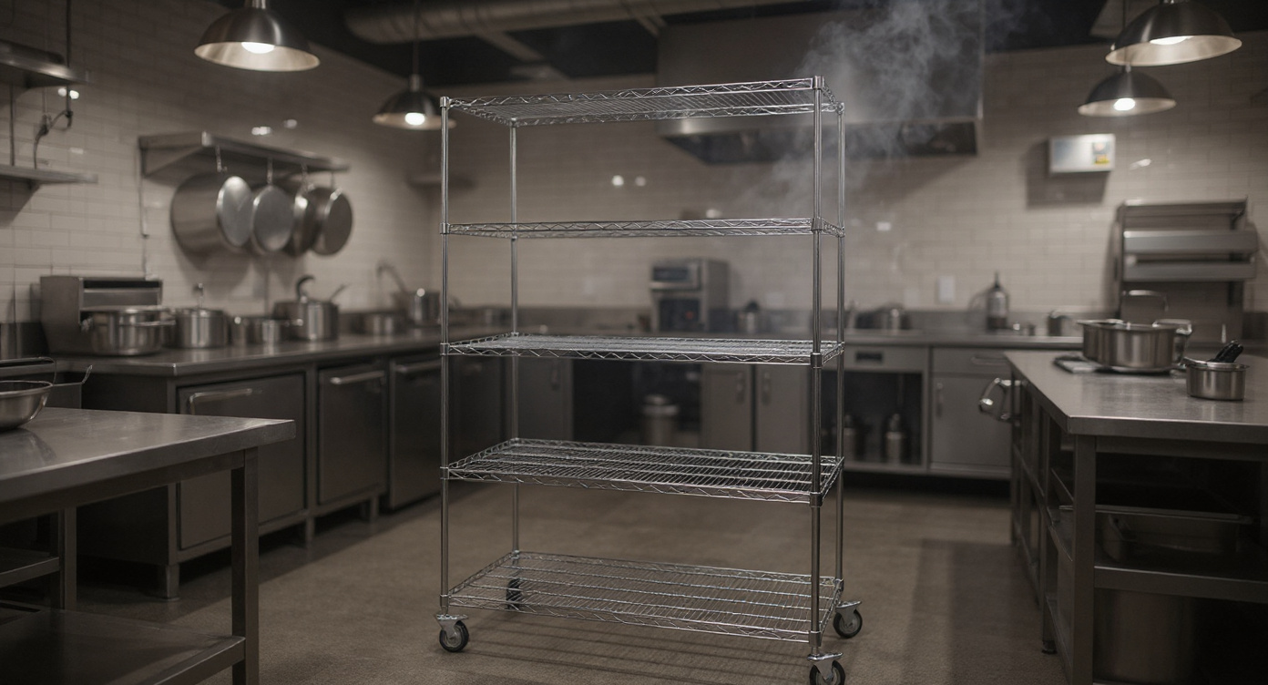 Commercial kitchen with stainless steel wire shelving for food service storage#1.9