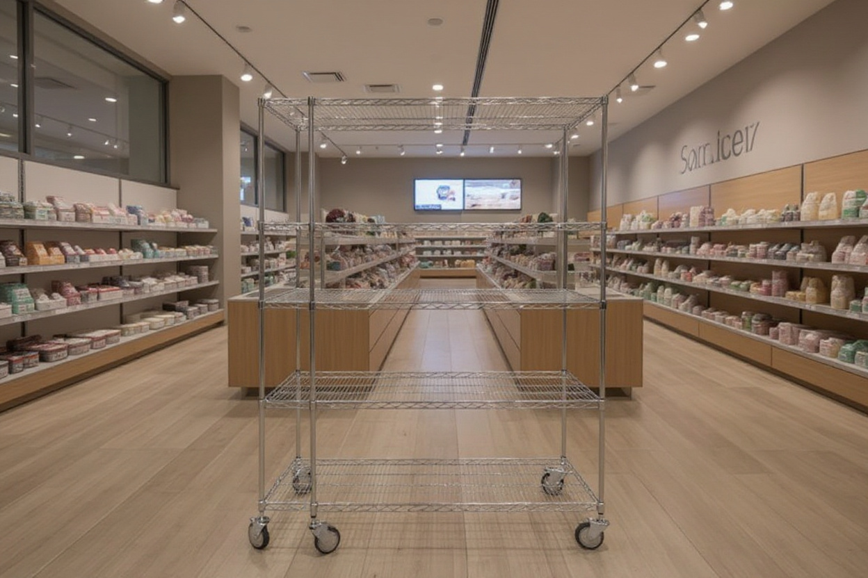 Retail store interior with organized product displays and modern shelving systems for customer shopping#1.5