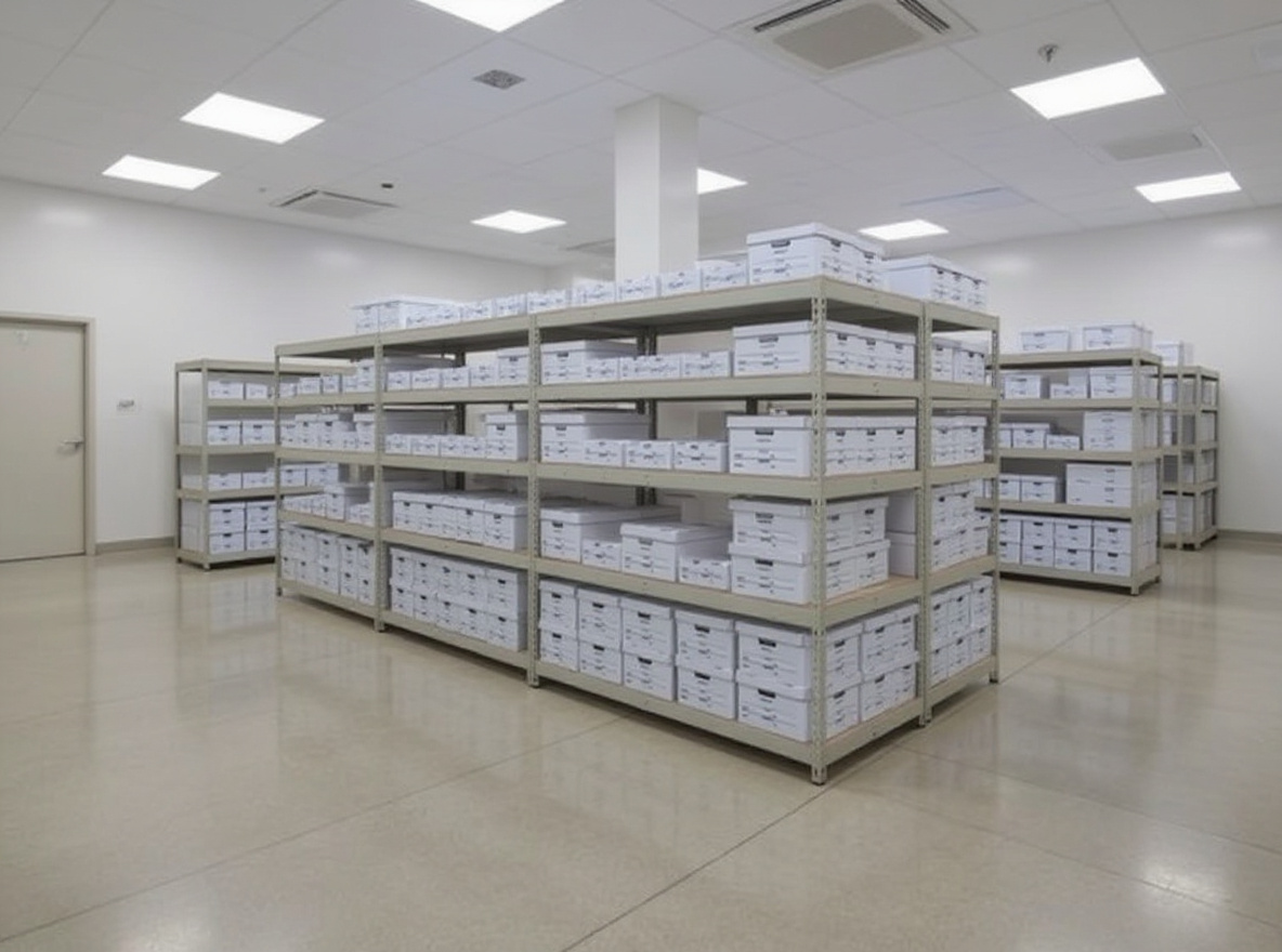 Medical facility storage room with organized metal shelving containing medical supplies and equipment#1.3