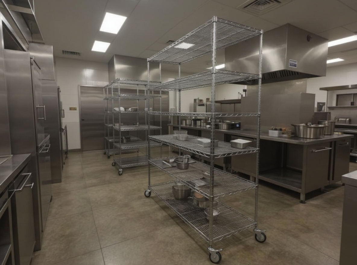 Commercial kitchen storage area with metal shelving units storing food service supplies and equipment#1.3