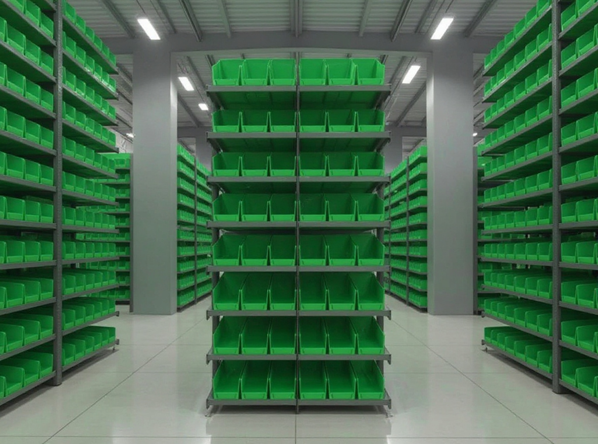 Warehouse storage facility with tall metal shelving units and organized bin storage systems#1.3