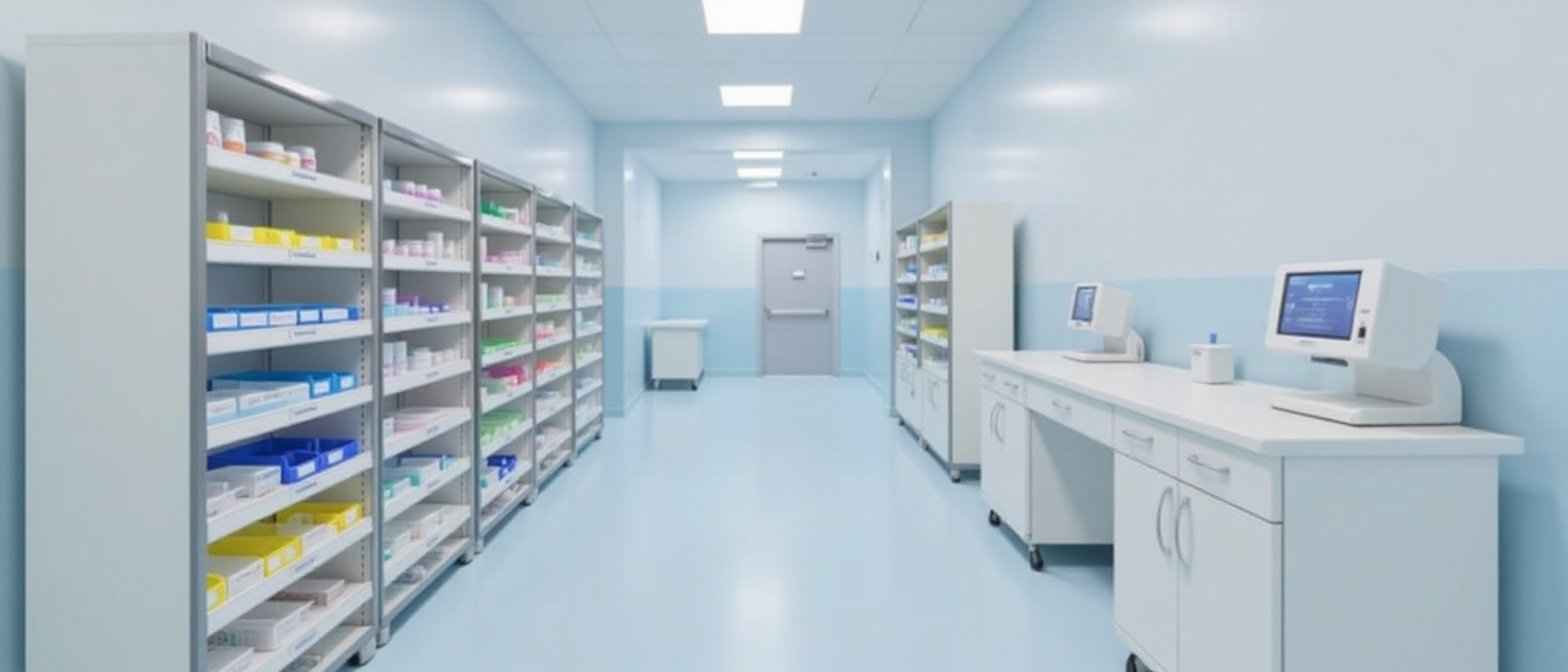 Medical facility storage area with organized supplies and equipment storage bins#16.9
