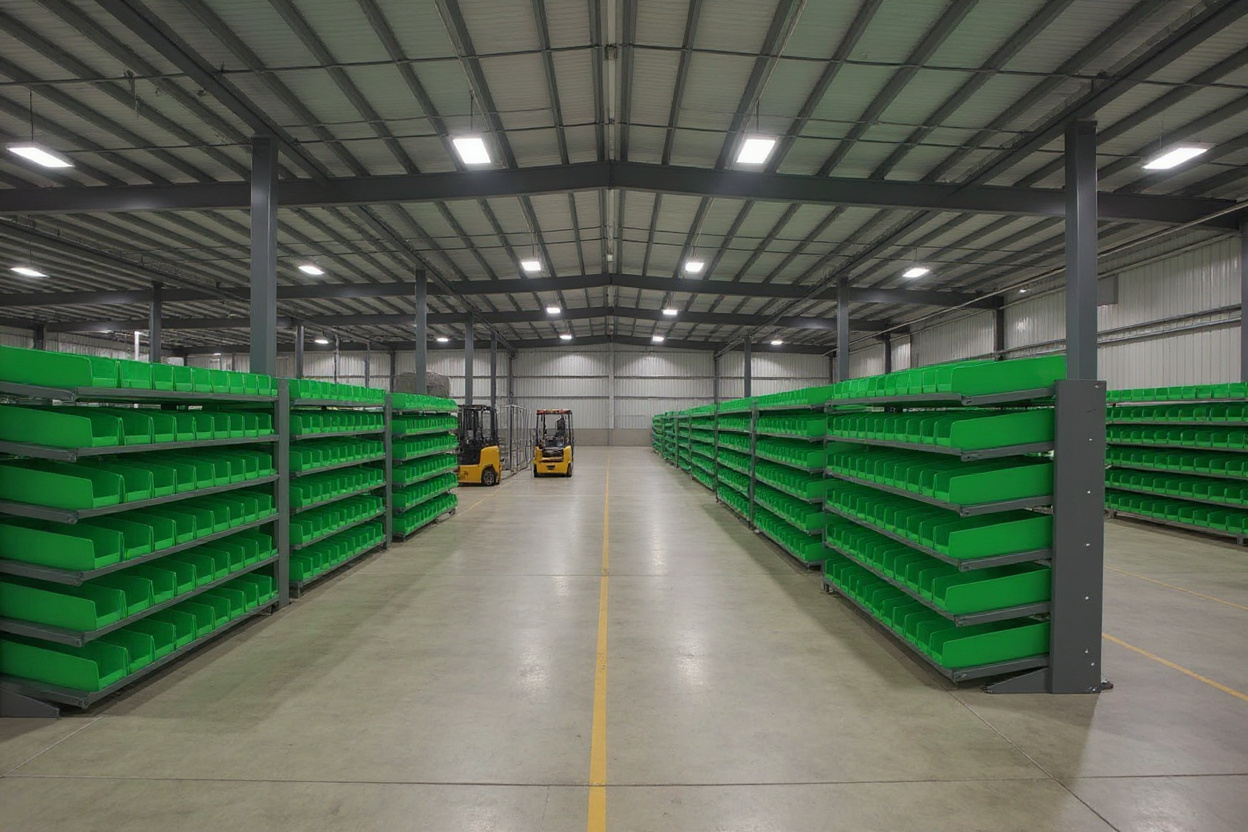 Industrial manufacturing facility with bin storage systems for material handling#1.6
