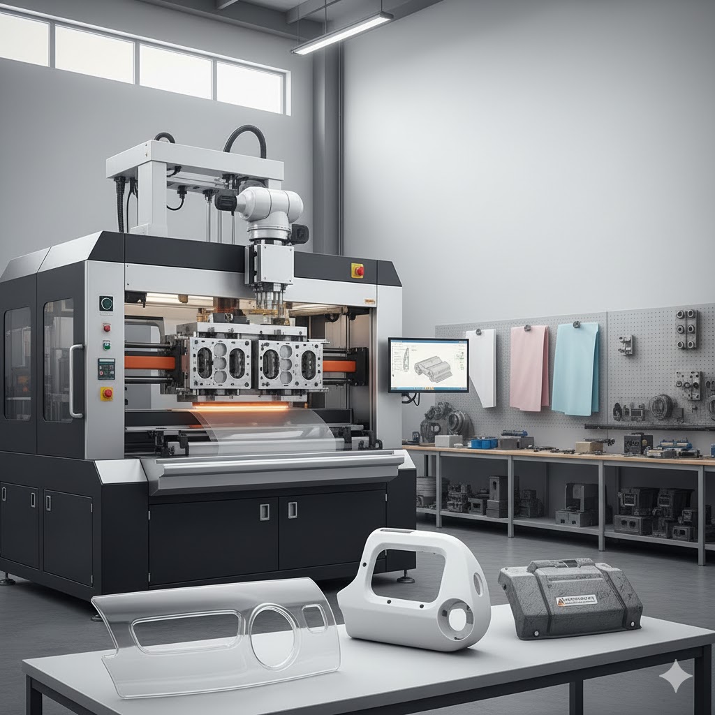 Technician inspecting precision thermoformed plastic components on quality control equipment