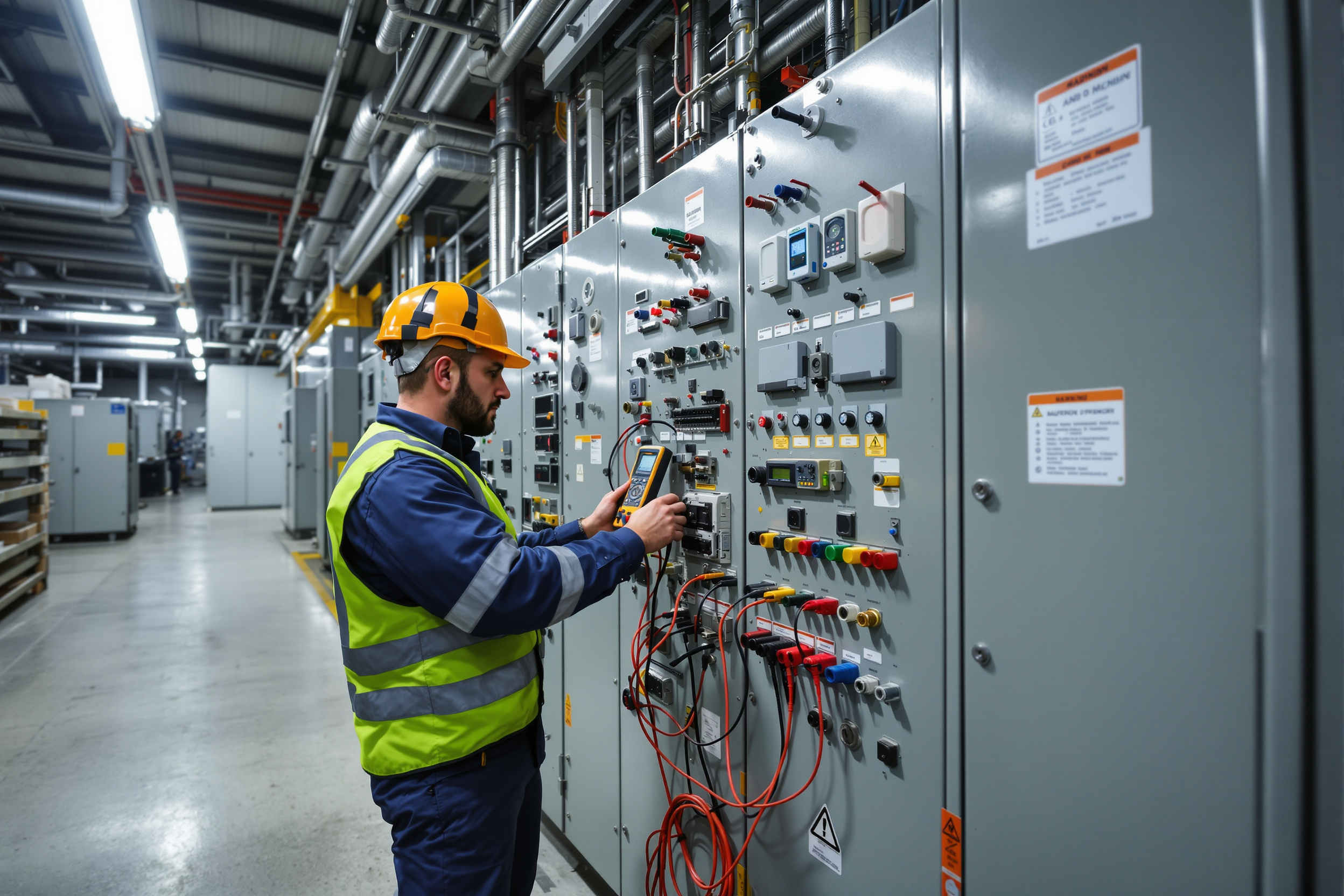 Industrial electrical technician working on control panel with advanced testing equipment and diagnostic tools#1.6
