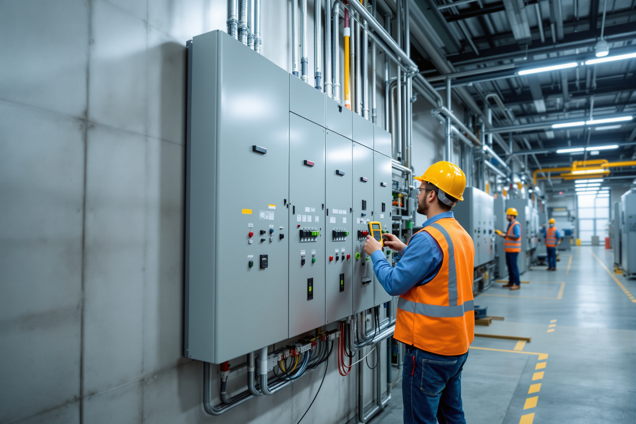 Electrical contractors working on industrial power distribution and control panel installation#1.5