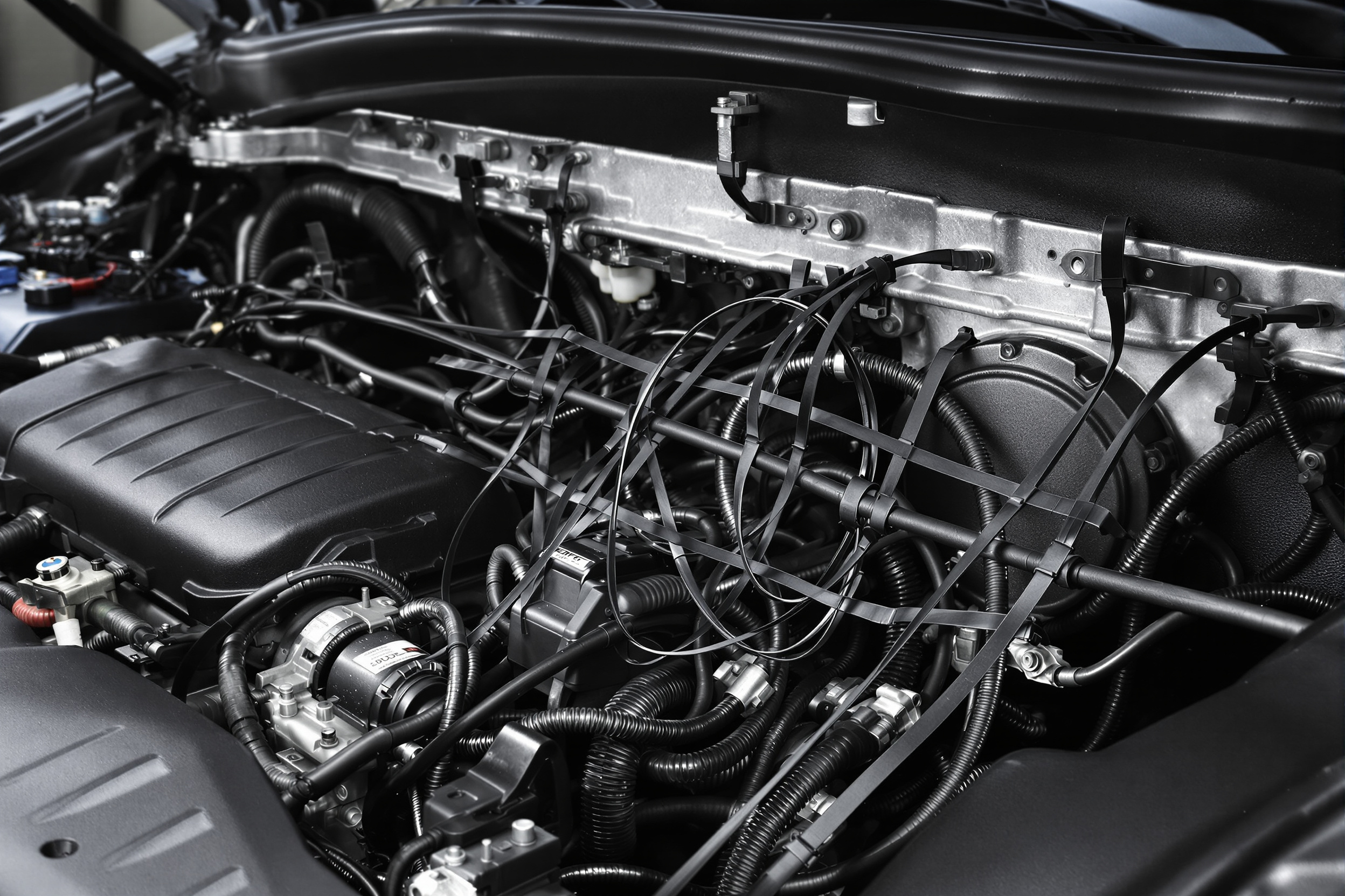 Automotive engine compartment cable management with heat resistant cable ties and mounting systems#1.6