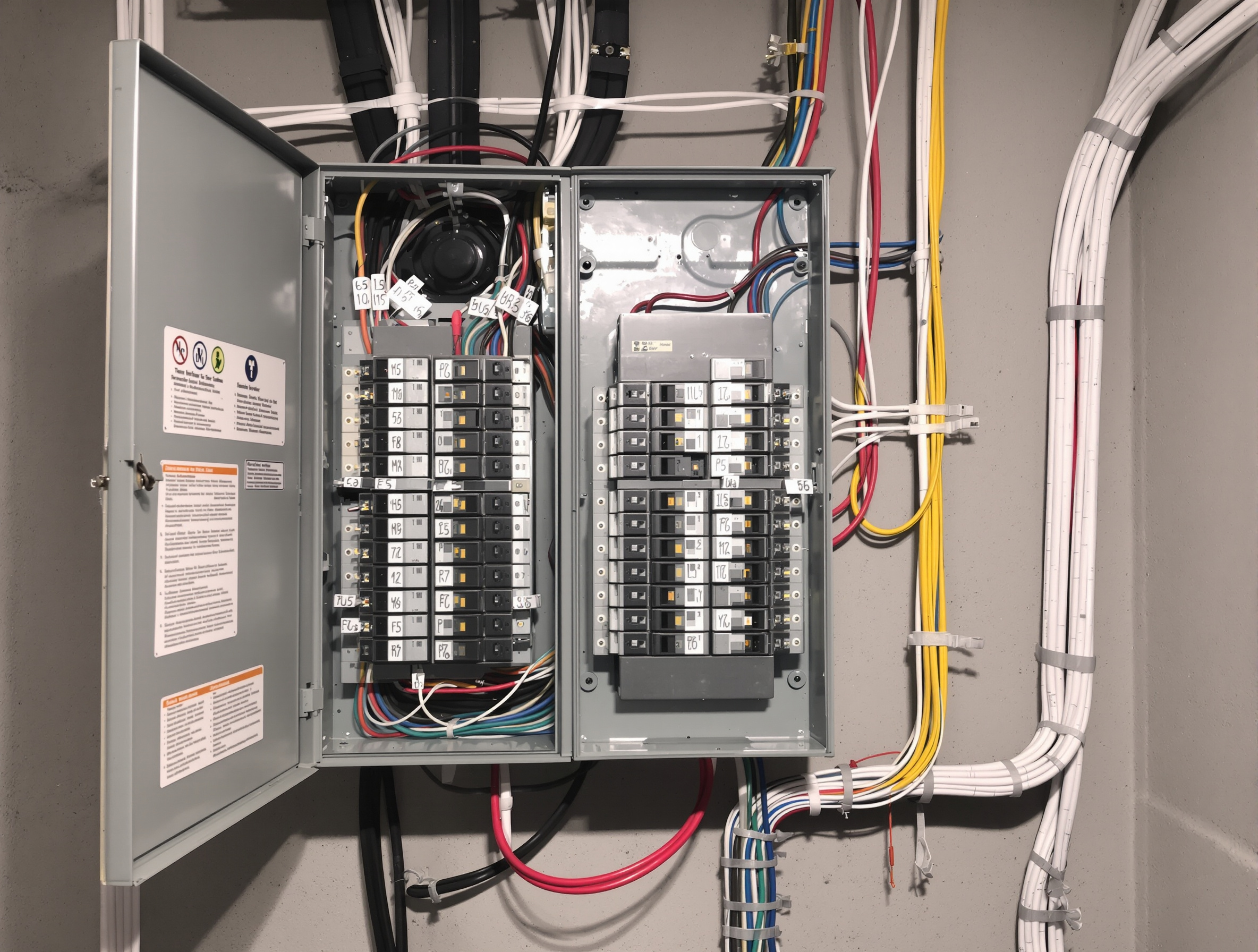 Electrical panel installation with organized cable bundles and identification tags#1.3
