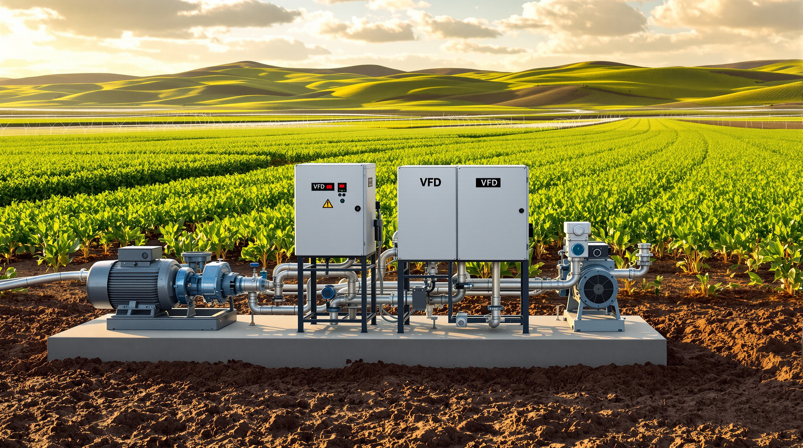 Agricultural irrigation system with pumps and variable frequency drives for water distribution#1.9